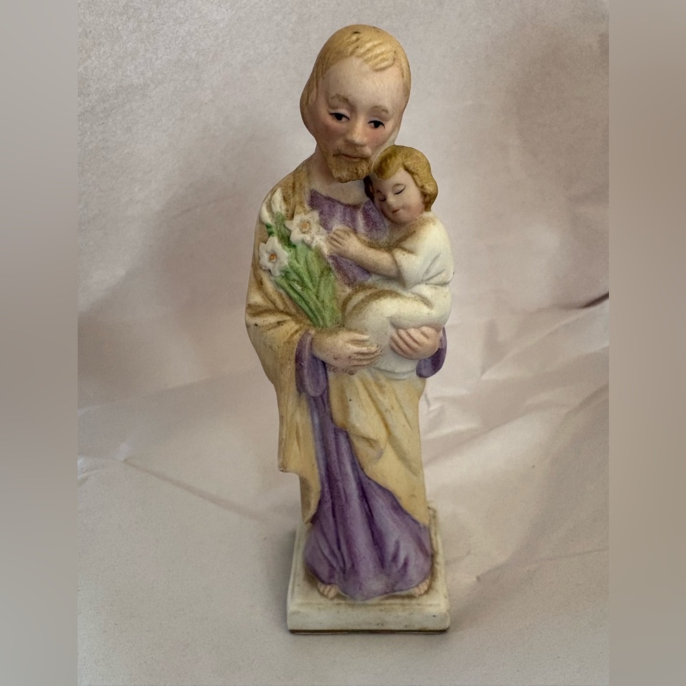 Vintage chalkware figurine of Saint Joseph holding the Christ Child Ceramic